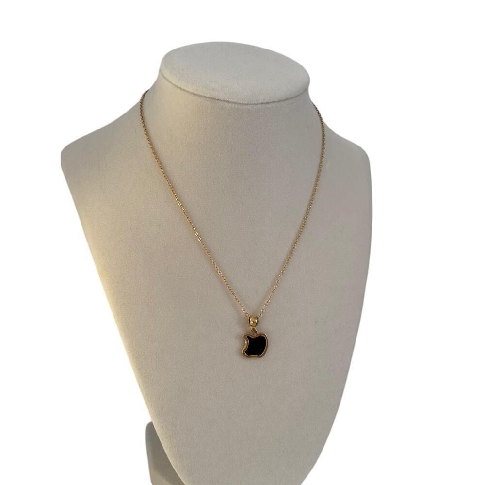 Black Apple Pendant Necklace Gold Stainless Steel Minimal Charm Gift - Picture 3 of 7